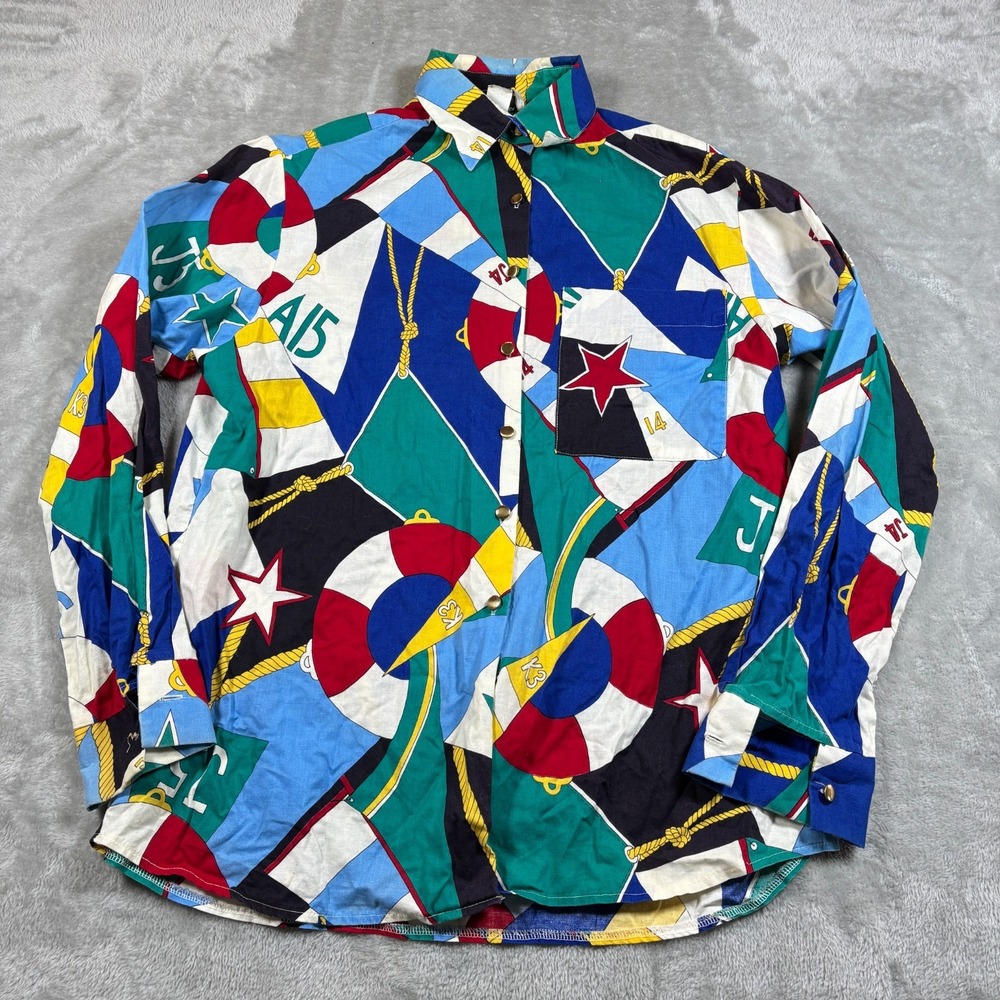 Vintage Nautical Shirt Mens XL Sailing Flags 80s Button Up Rope Life Ring‎ Bold